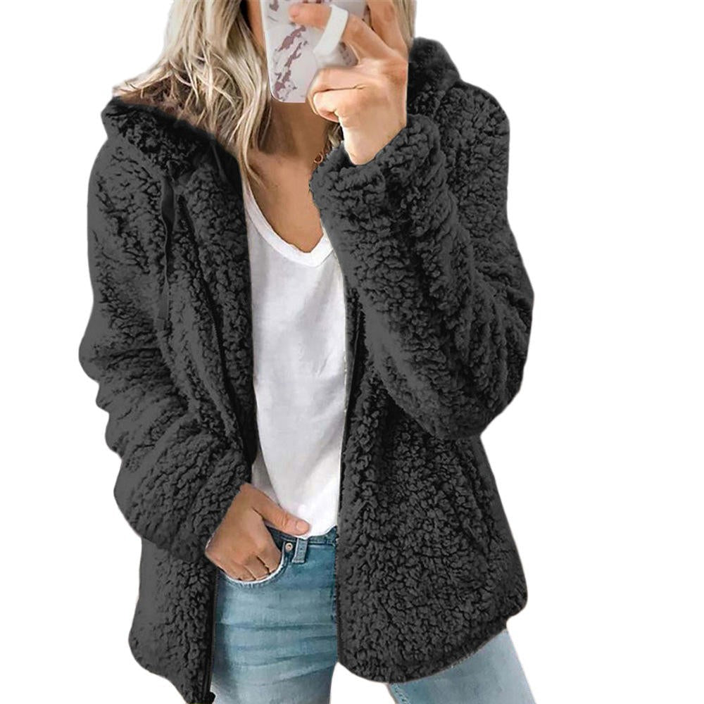 Julia | Manteau Polaire Femme Teddy Doublé Poches Fermeture Éclair - Noir