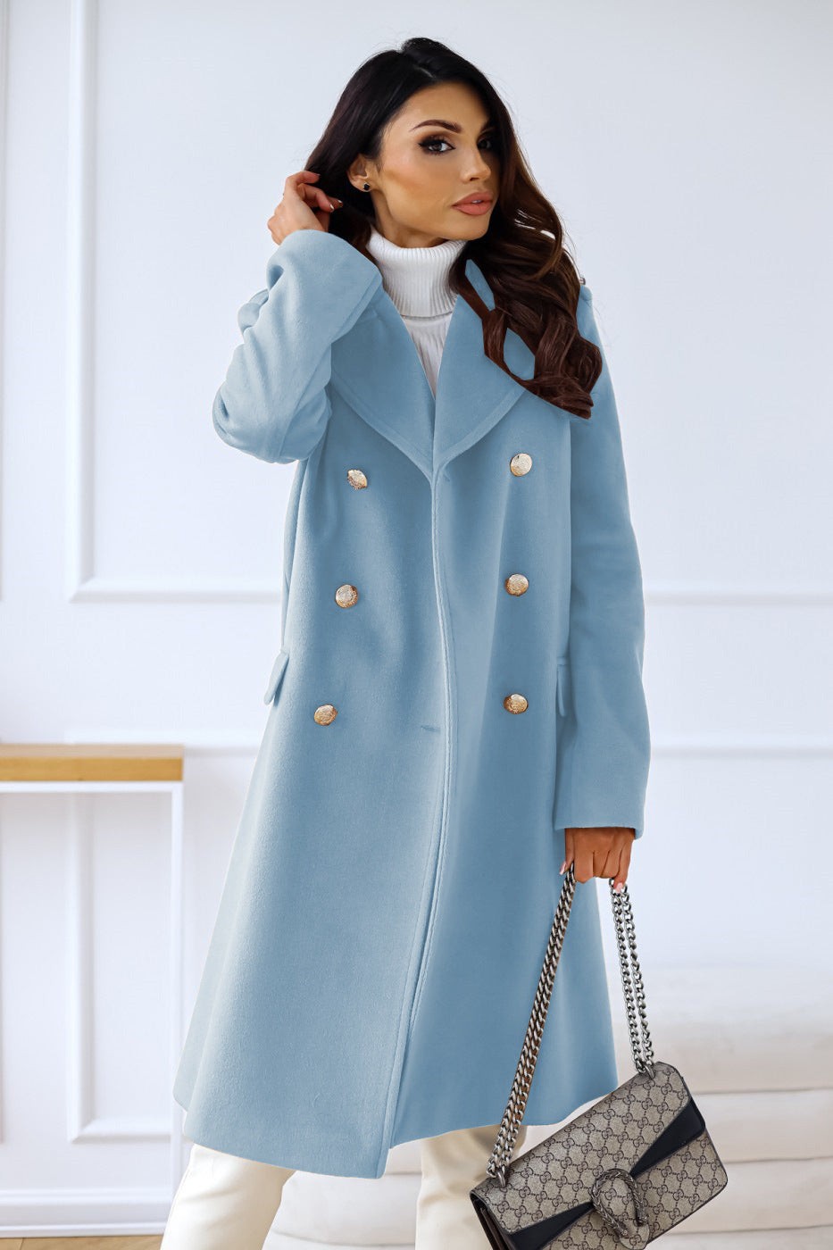 Julia | Pour Femme Manteau Laine Doublé Double Boutonnage Boutons Dorés - Bleu