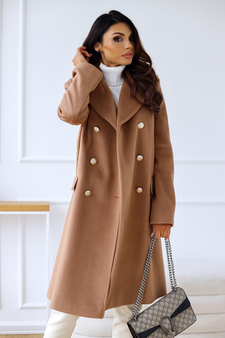 Julia | Pour Femme Manteau Laine Doublé Double Boutonnage Boutons Dorés - Marron
