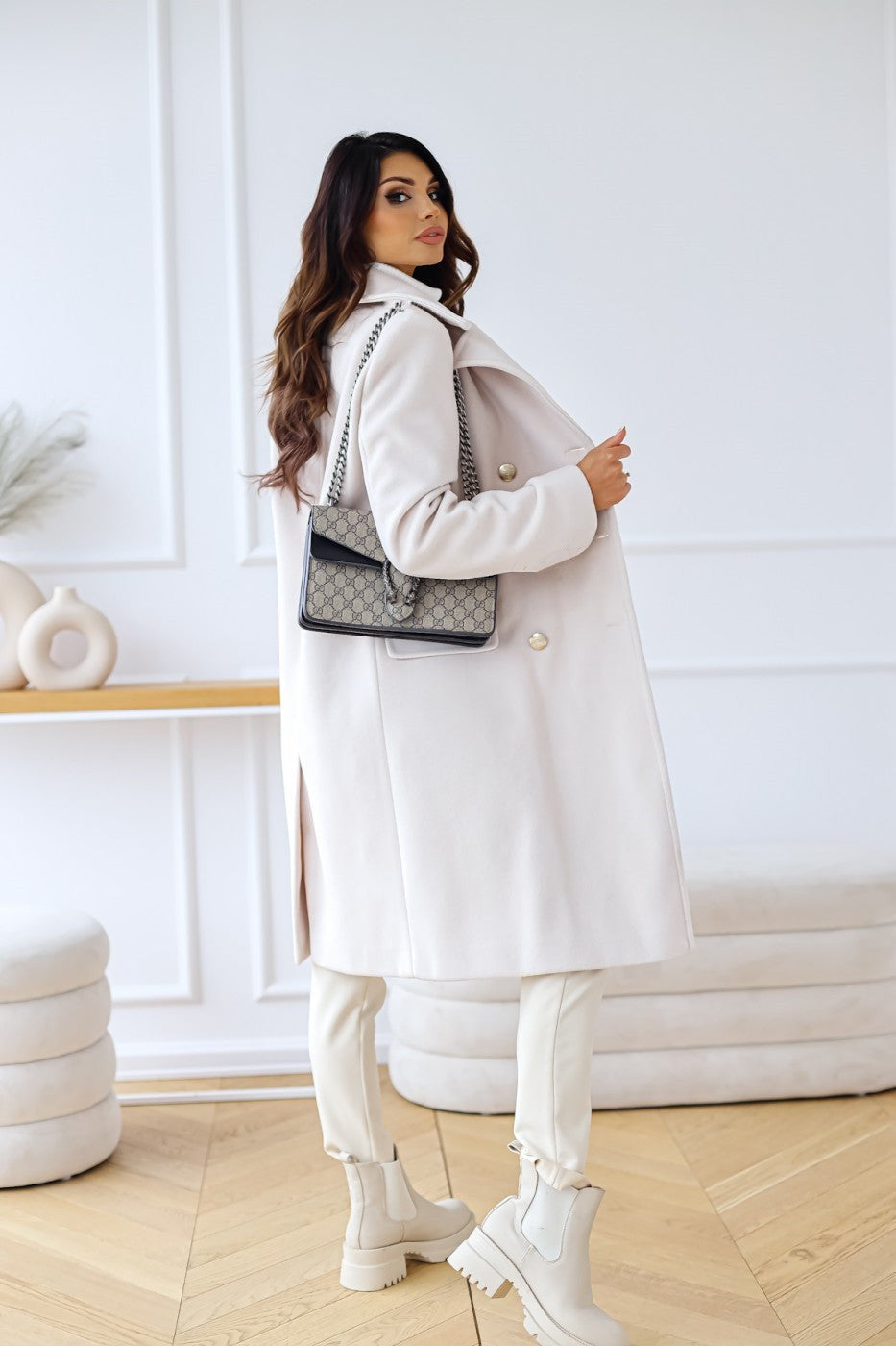 Julia | Pour Femme Manteau Laine Doublé Double Boutonnage Boutons Dorés - Noir