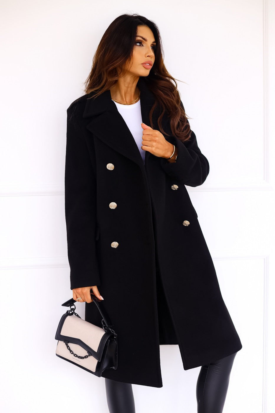 Julia | Pour Femme Manteau Laine Doublé Double Boutonnage Boutons Dorés - Noir