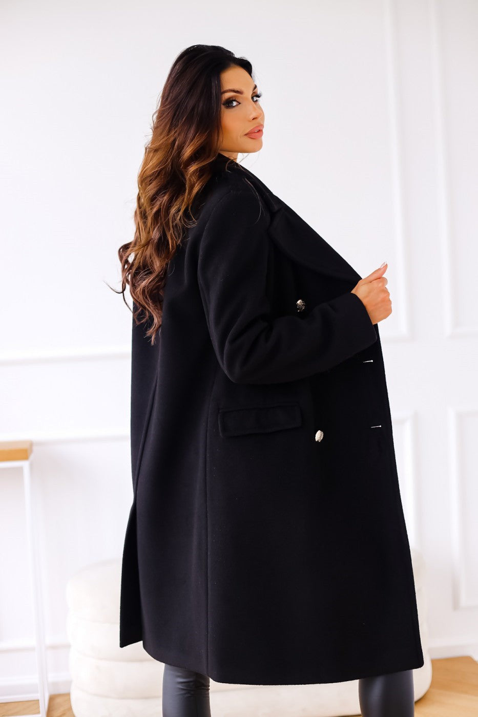 Julia | Pour Femme Manteau Laine Doublé Double Boutonnage Boutons Dorés - Noir