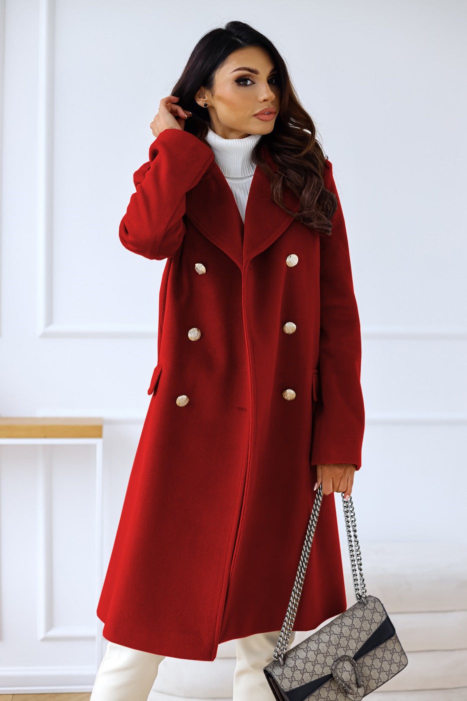 Julia | Pour Femme Manteau Laine Doublé Double Boutonnage Boutons Dorés - Rouge