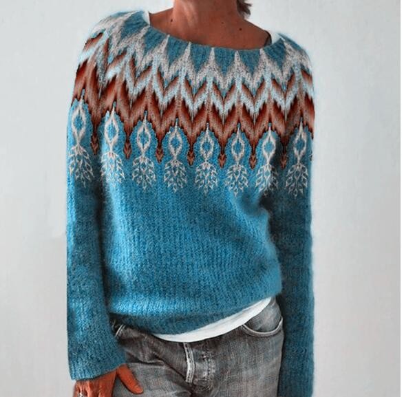 Julia | Pour Femme Oversize Jacquard Norvégien Col Ras du Cou Manches Longues Sweatshirt - Bleu