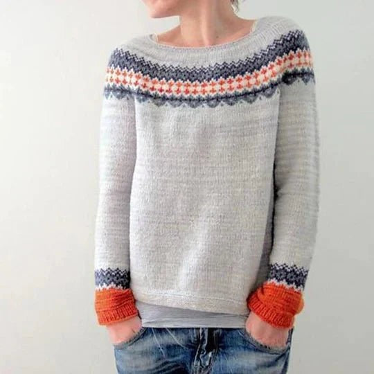 Julia | Pour Femme Oversize Jacquard Norvégien Col Ras du Cou Manches Longues Sweatshirt - Gris Clair