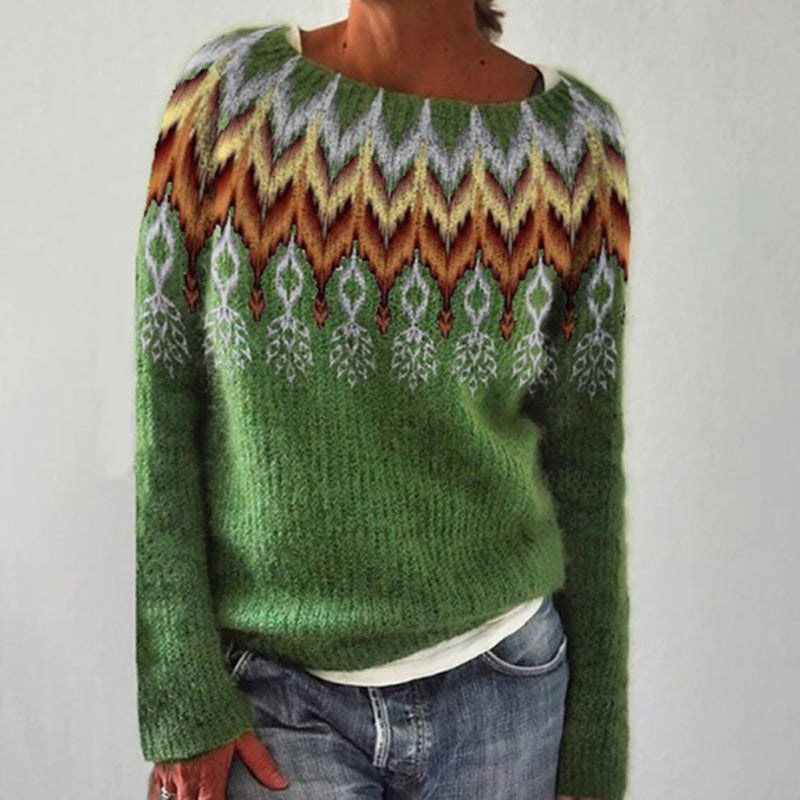 Julia | Pour Femme Oversize Jacquard Norvégien Col Ras du Cou Manches Longues Sweatshirt - Vert