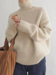 Julia | Pull Oversize Femme Col Roulé Côtes Côtelées - Beige