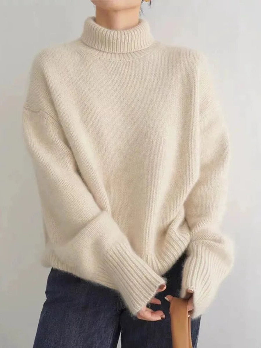 Julia | Pull Oversize Femme Col Roulé Côtes Côtelées - Beige