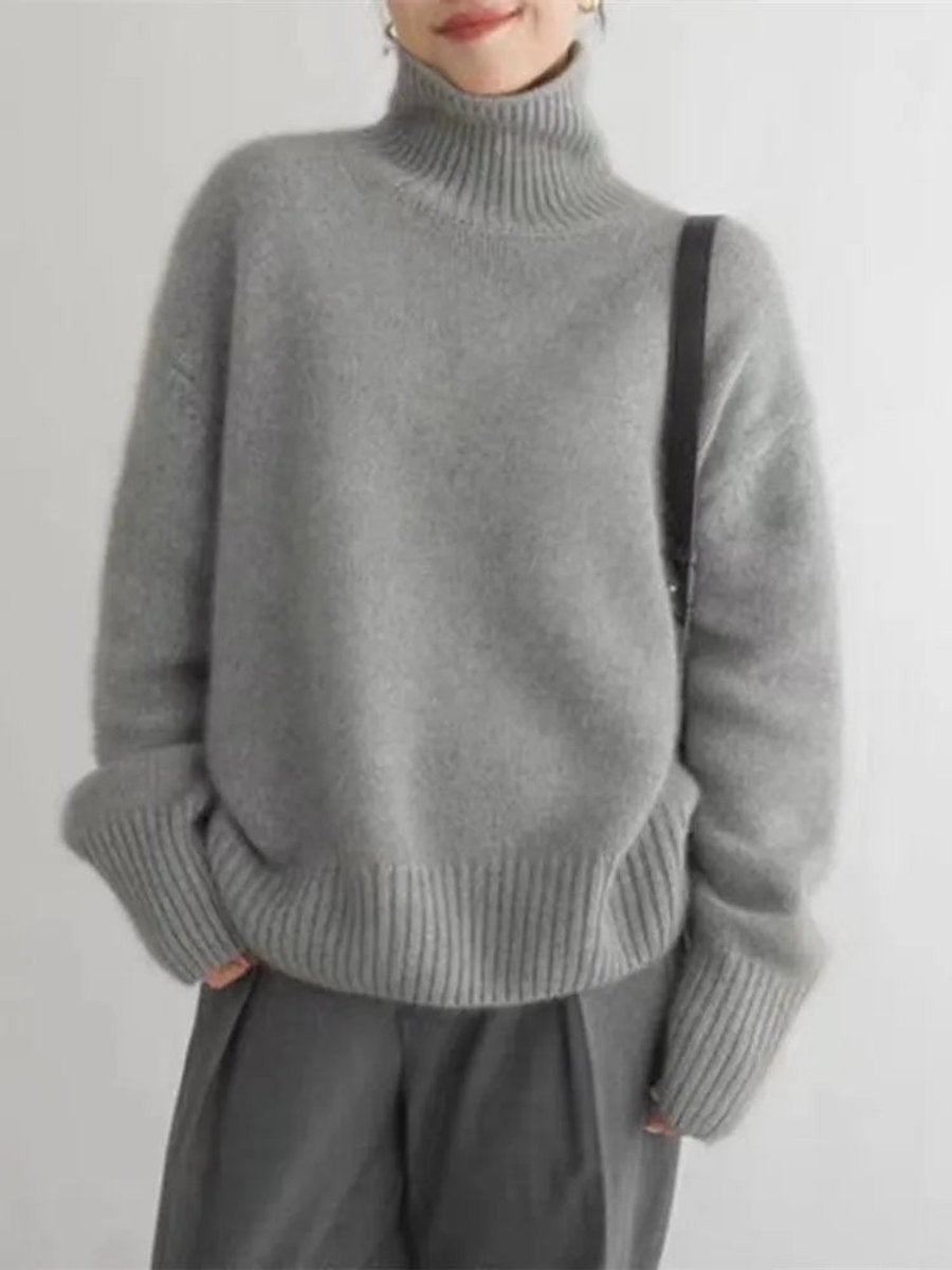 Julia | Pull Oversize Femme Col Roulé Côtes Côtelées - Beige