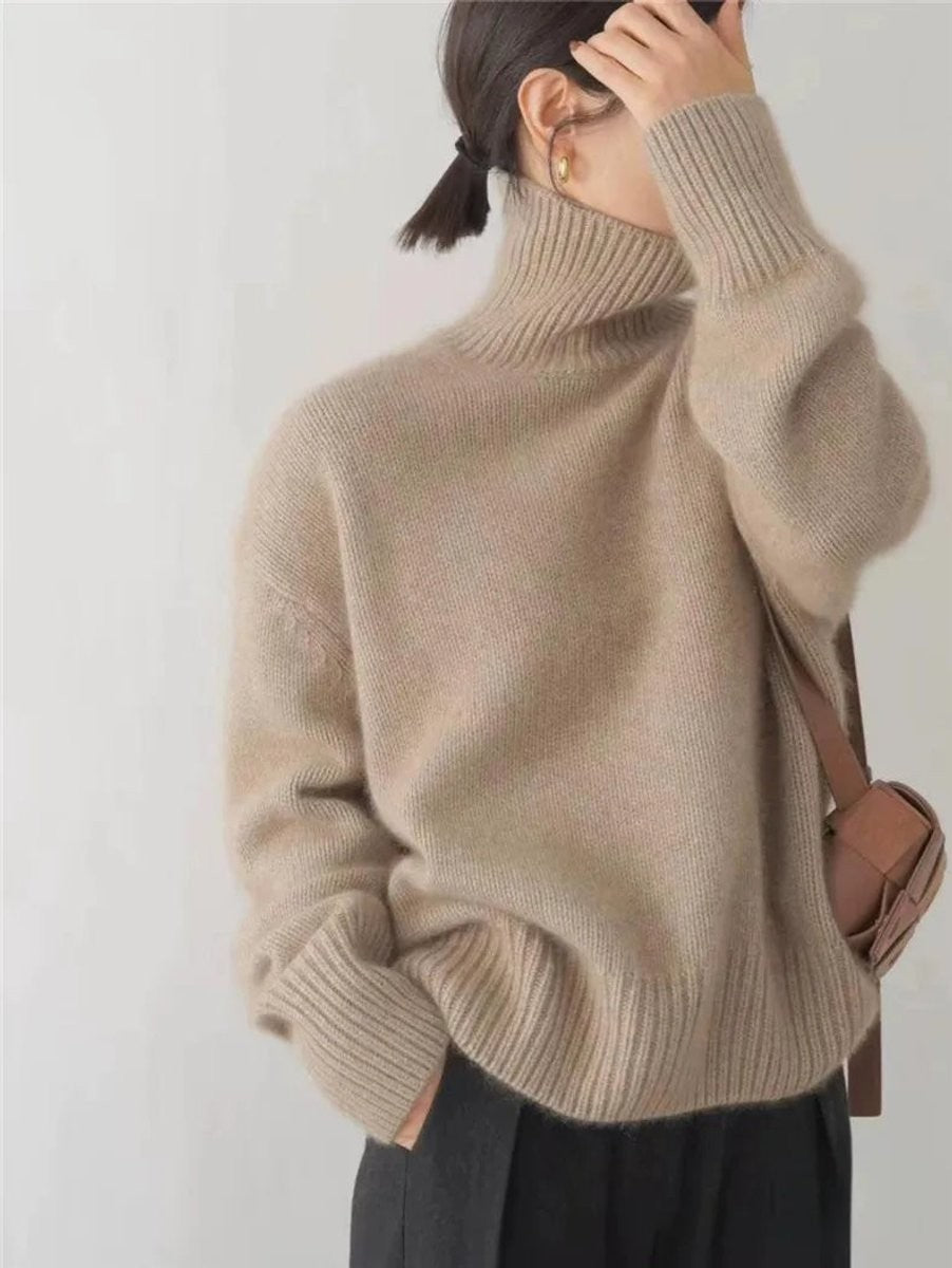 Julia | Pull Oversize Femme Col Roulé Côtes Côtelées - Beige