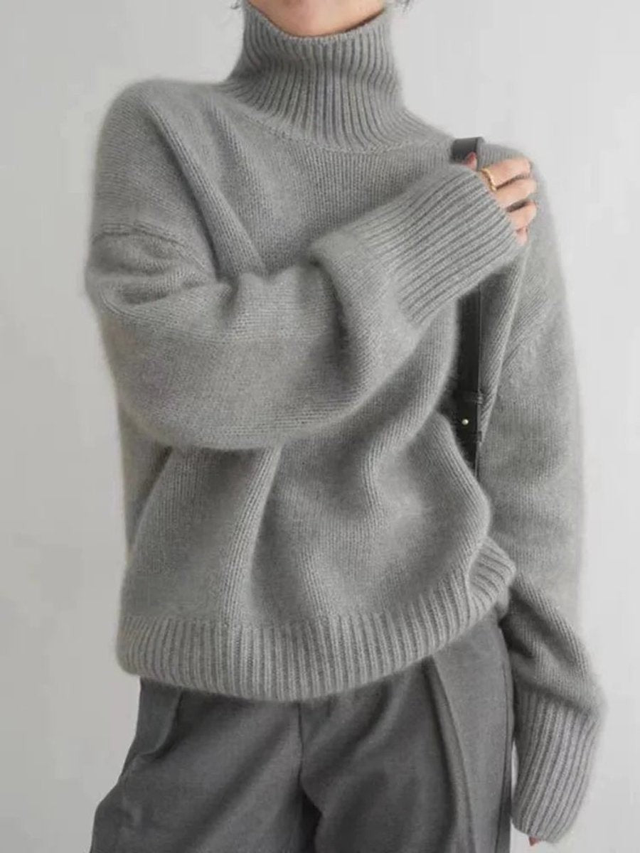 Julia | Pull Oversize Femme Col Roulé Côtes Côtelées - Gris