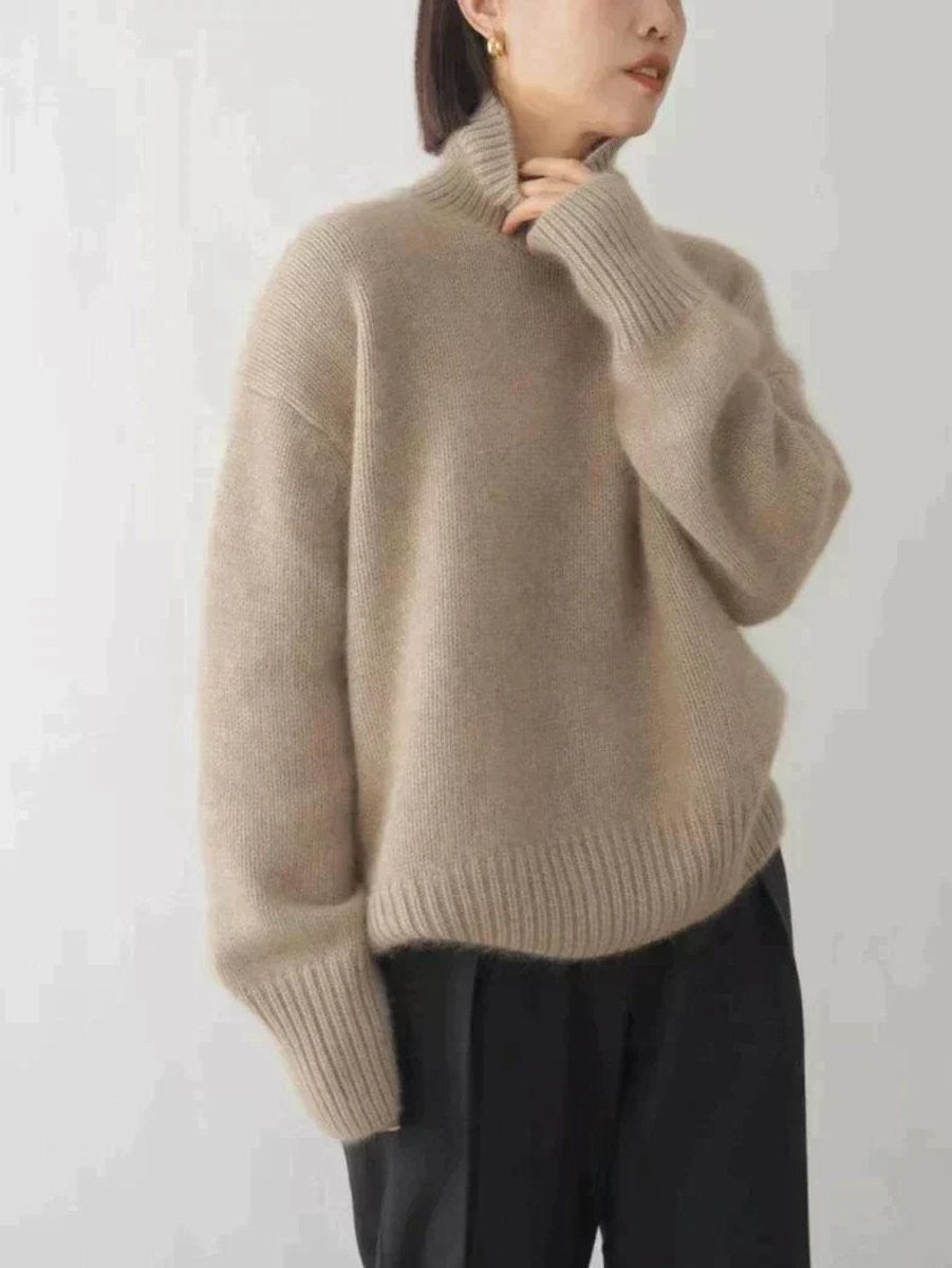 Julia | Pull Oversize Femme Col Roulé Côtes Côtelées - Kaki