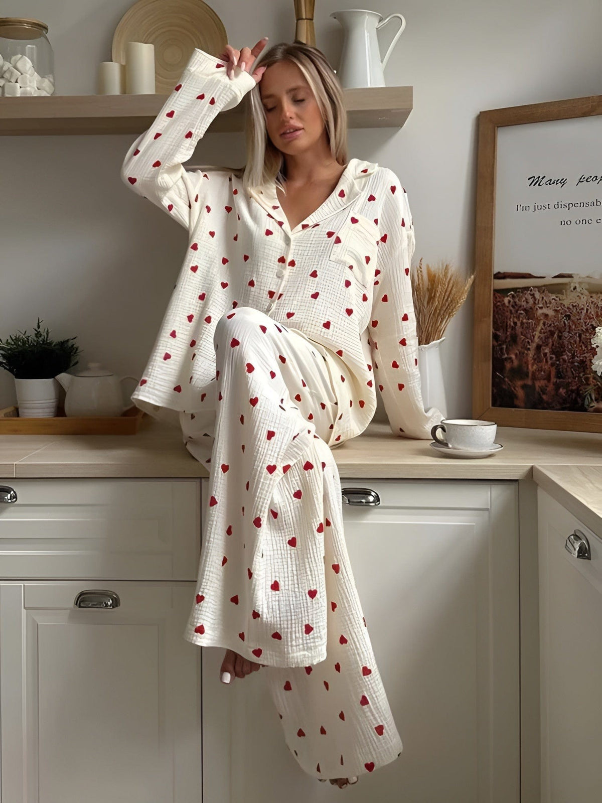 Julia | Pyjama Femme Coupe Ample Imprimé Cœurs Manches Longues Coton - Cœurs