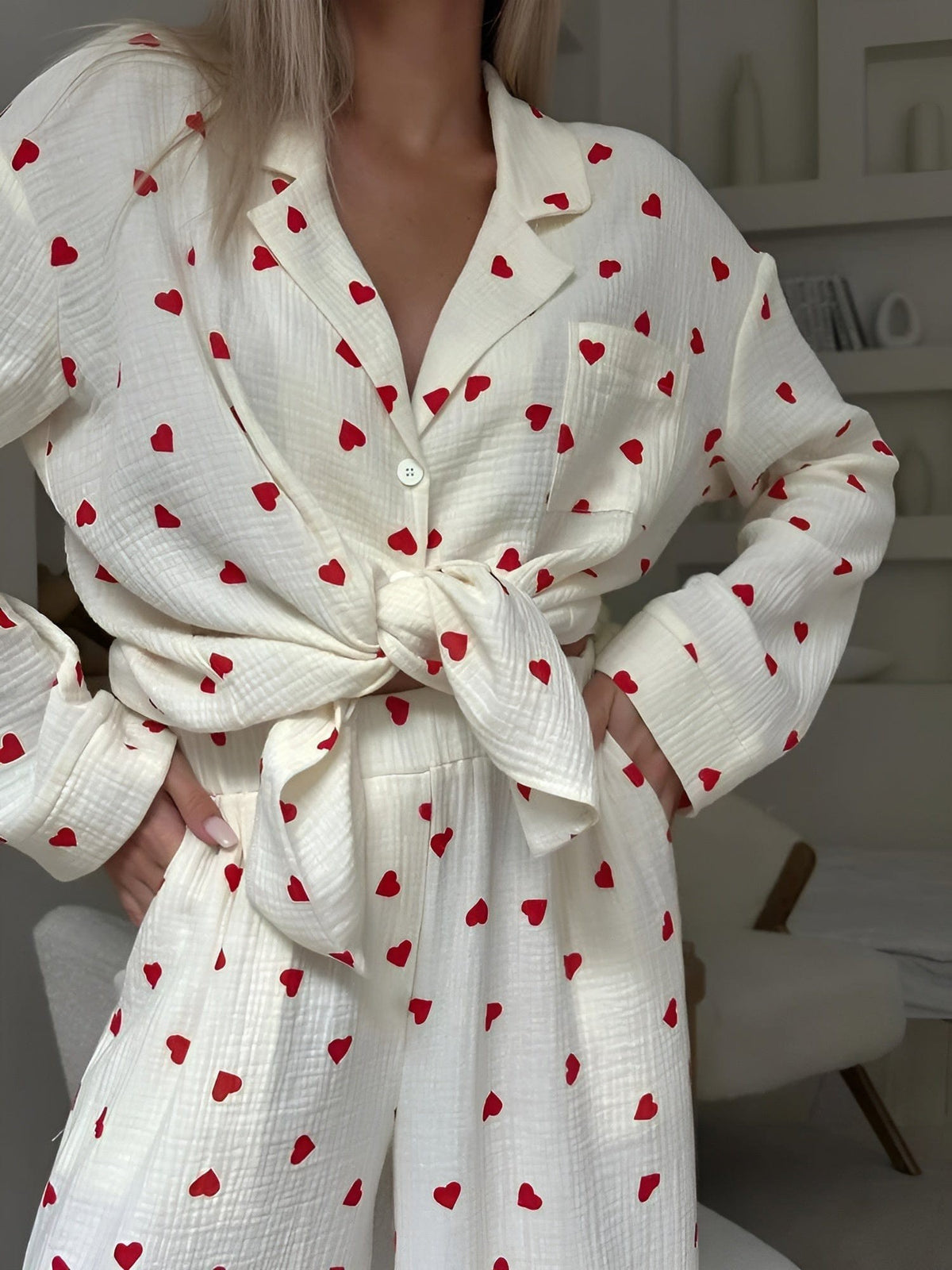 Julia | Pyjama Femme Coupe Ample Imprimé Cœurs Manches Longues Coton - Cœurs