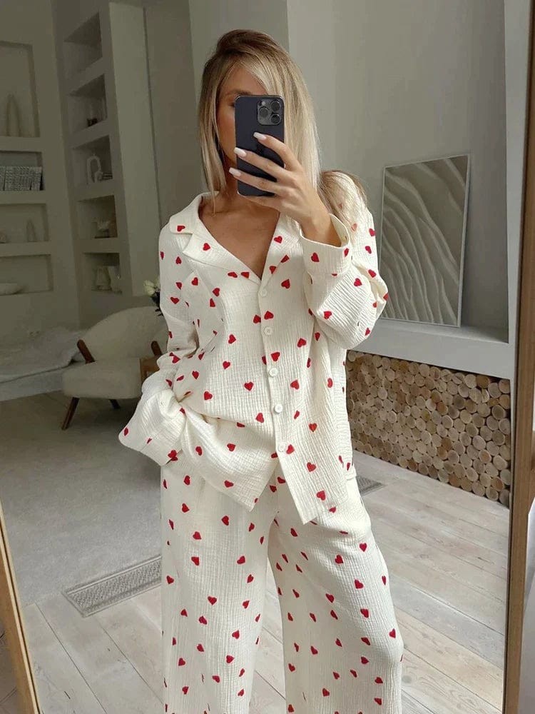Julia | Pyjama Femme Coupe Ample Imprimé Cœurs Manches Longues Coton - Cœurs
