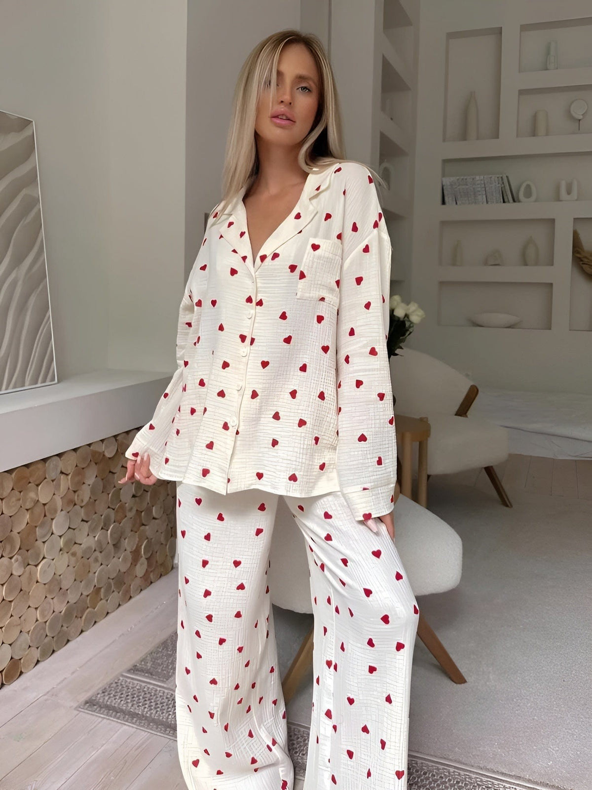 Julia | Pyjama Femme Coupe Ample Imprimé Cœurs Manches Longues Coton - Cœurs