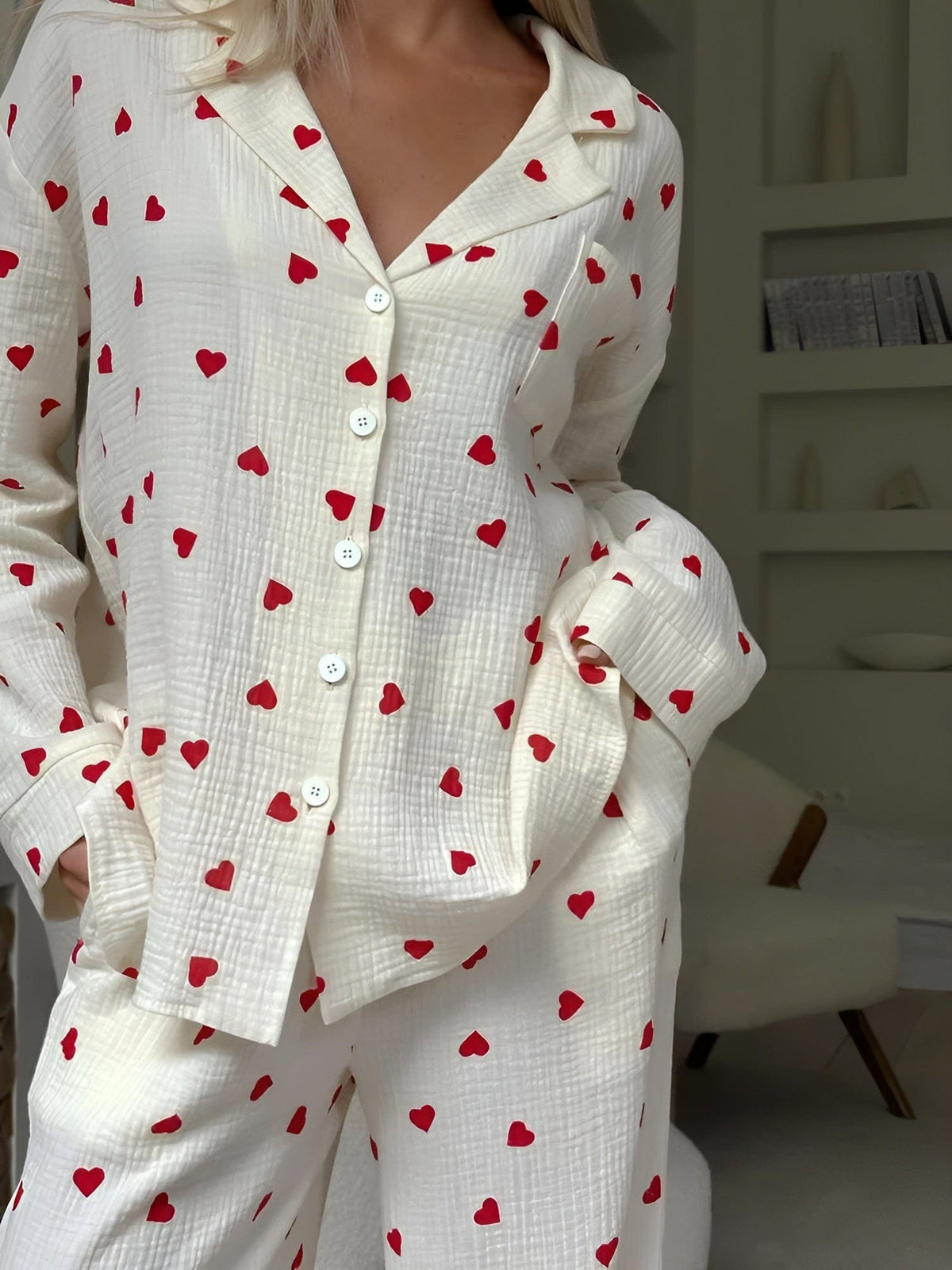 Julia | Pyjama Femme Coupe Ample Imprimé Cœurs Manches Longues Coton - Cœurs