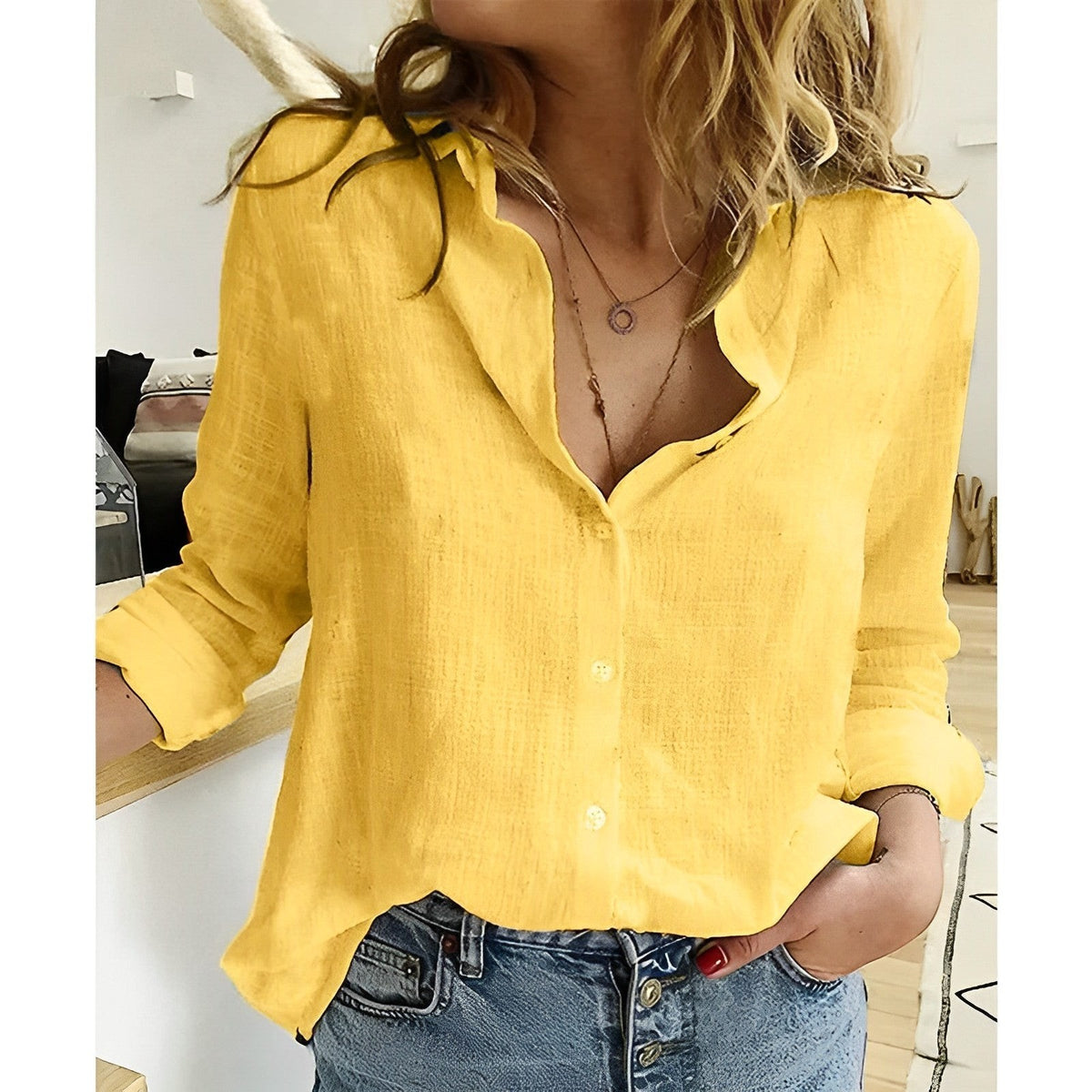 Juliette | Blouse pour Femme Coupe Ample Boutons Avant Manches Longues - Jaune