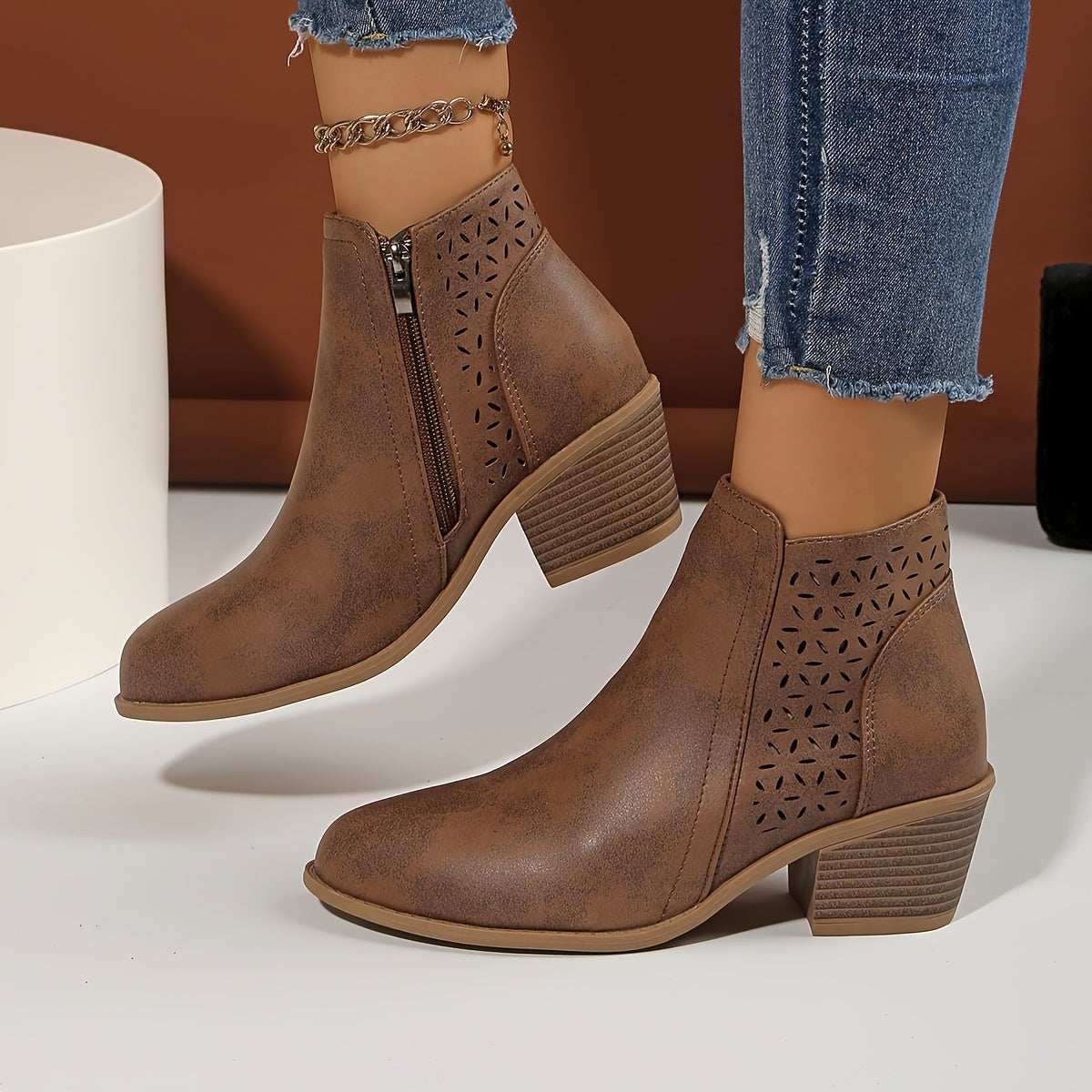 Juliette | Bottines pour Femme Fermeture Éclair Latérale Enfiler Confortable - Marron