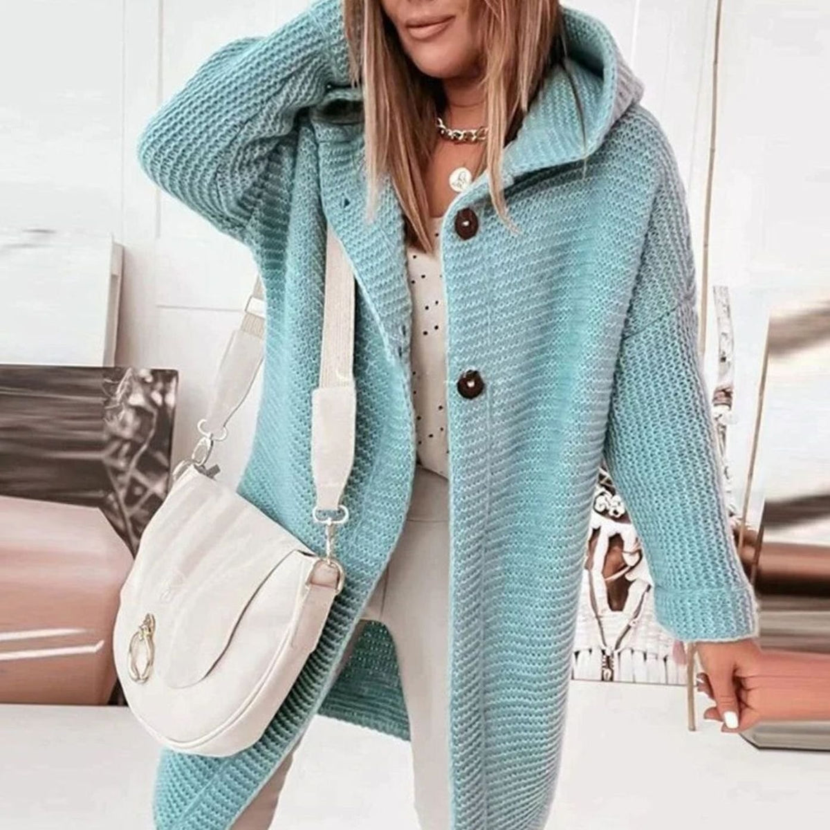 Juliette | Cardigan Femme Capuche Boutonnière Coupe Droite - Bleu
