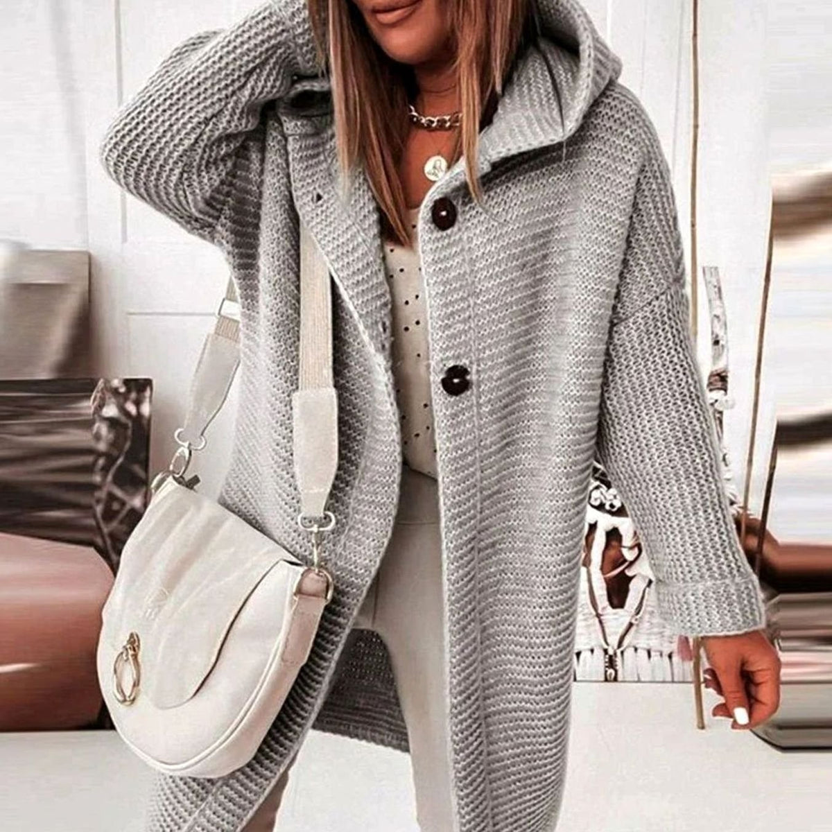 Juliette | Cardigan Femme Capuche Boutonnière Coupe Droite - Gris