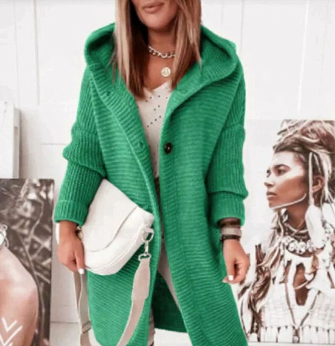 Juliette | Cardigan Femme Capuche Boutonnière Coupe Droite - Vert