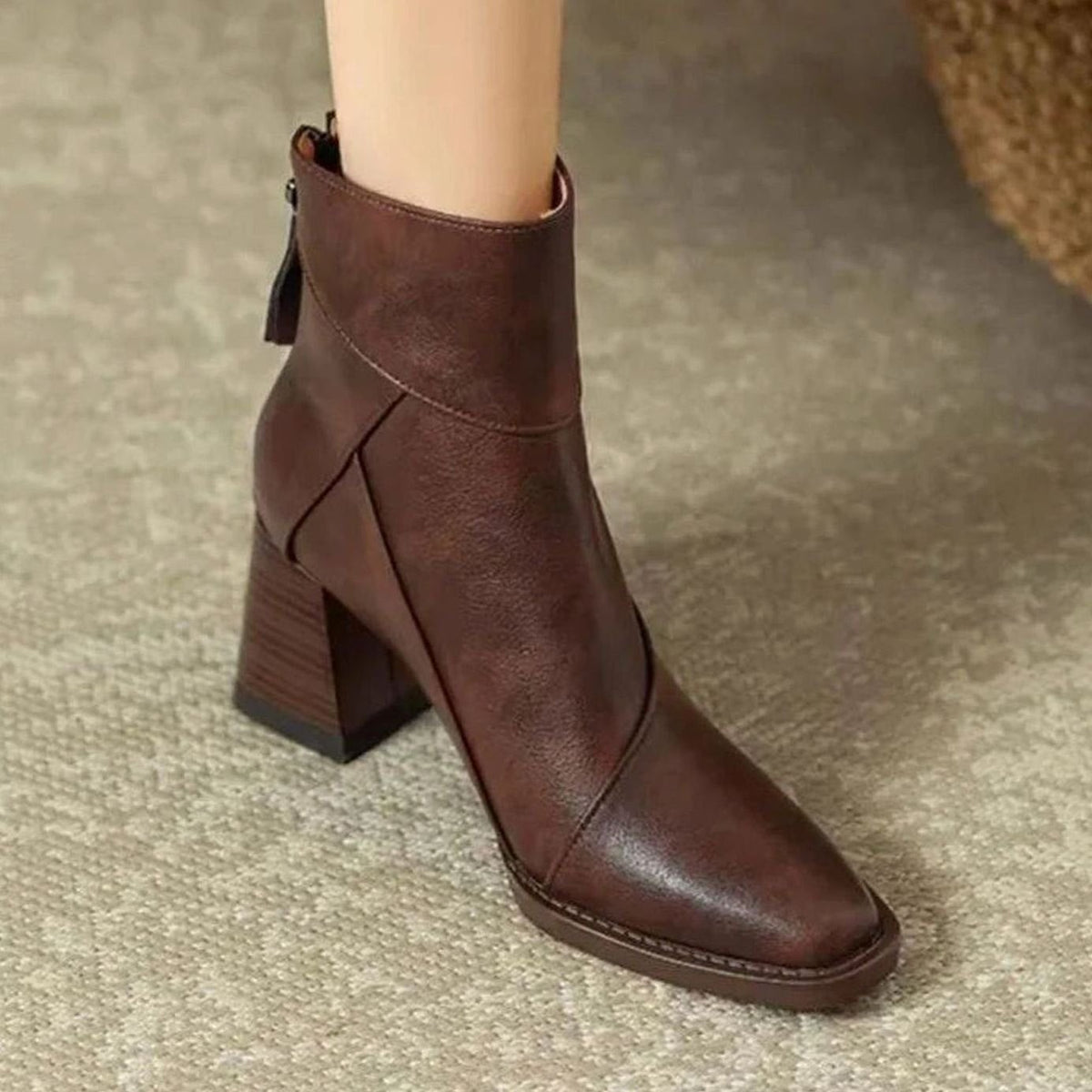 Juliette | Dames Bottines Talon Bloc Bout Pointu simili-cuir - Marron