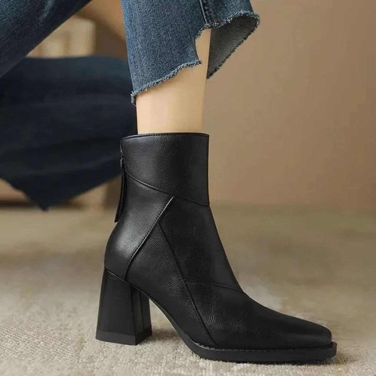 Juliette | Dames Bottines Talon Bloc Bout Pointu simili-cuir - Noir