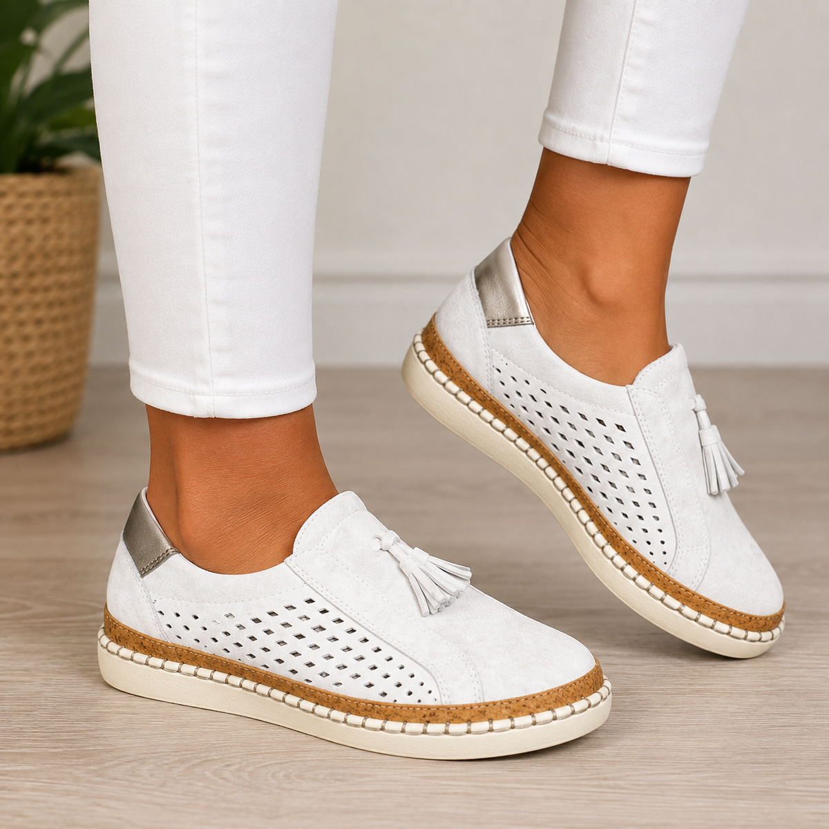 Juliette | Mocassins pour Femme Ajourés Pampilles Semelle Épaisse - Blanc