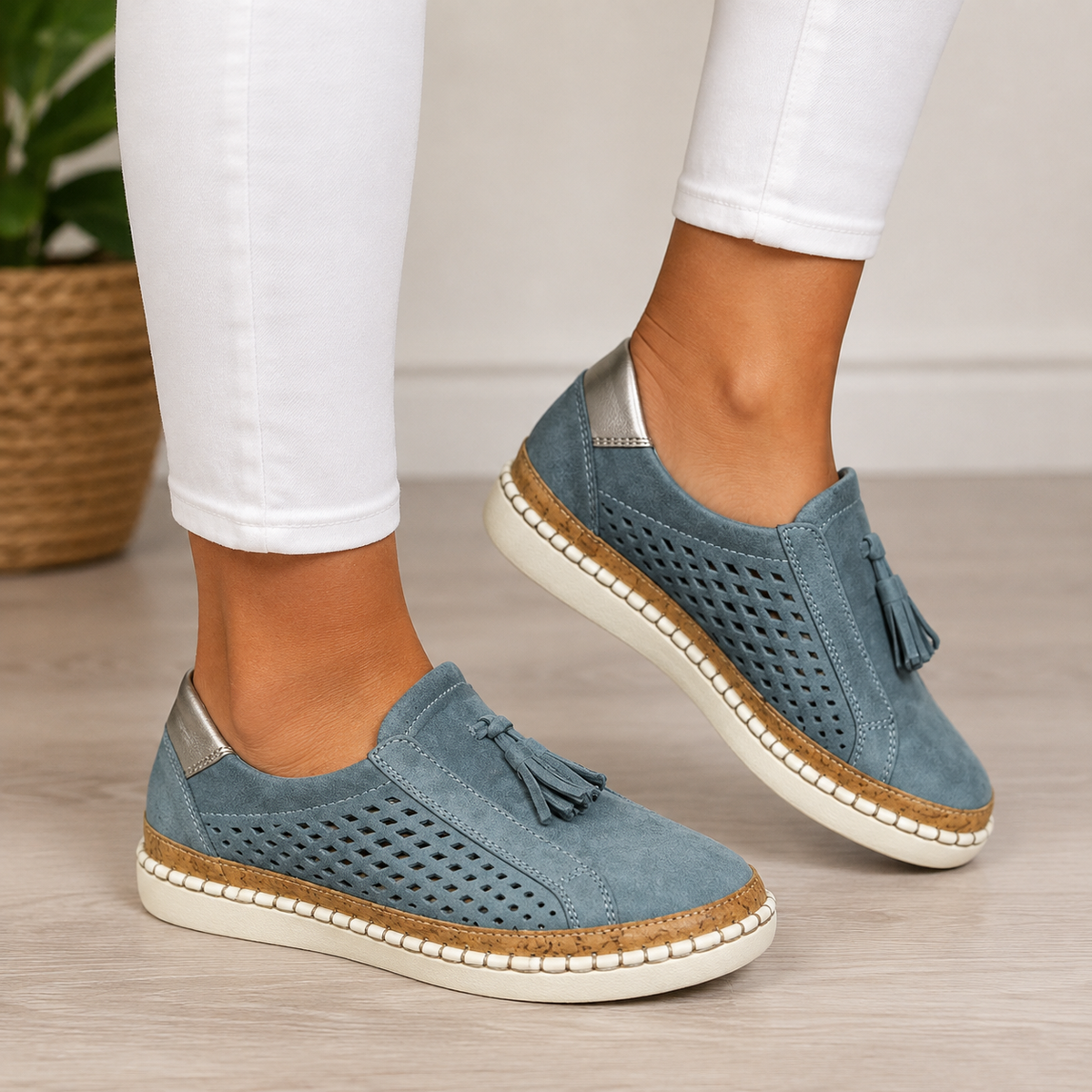 Juliette | Mocassins pour Femme Ajourés Pampilles Semelle Épaisse - Bleu