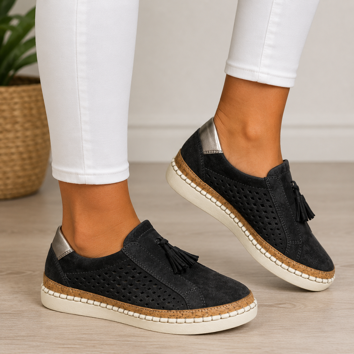 Juliette | Mocassins pour Femme Ajourés Pampilles Semelle Épaisse - Noir