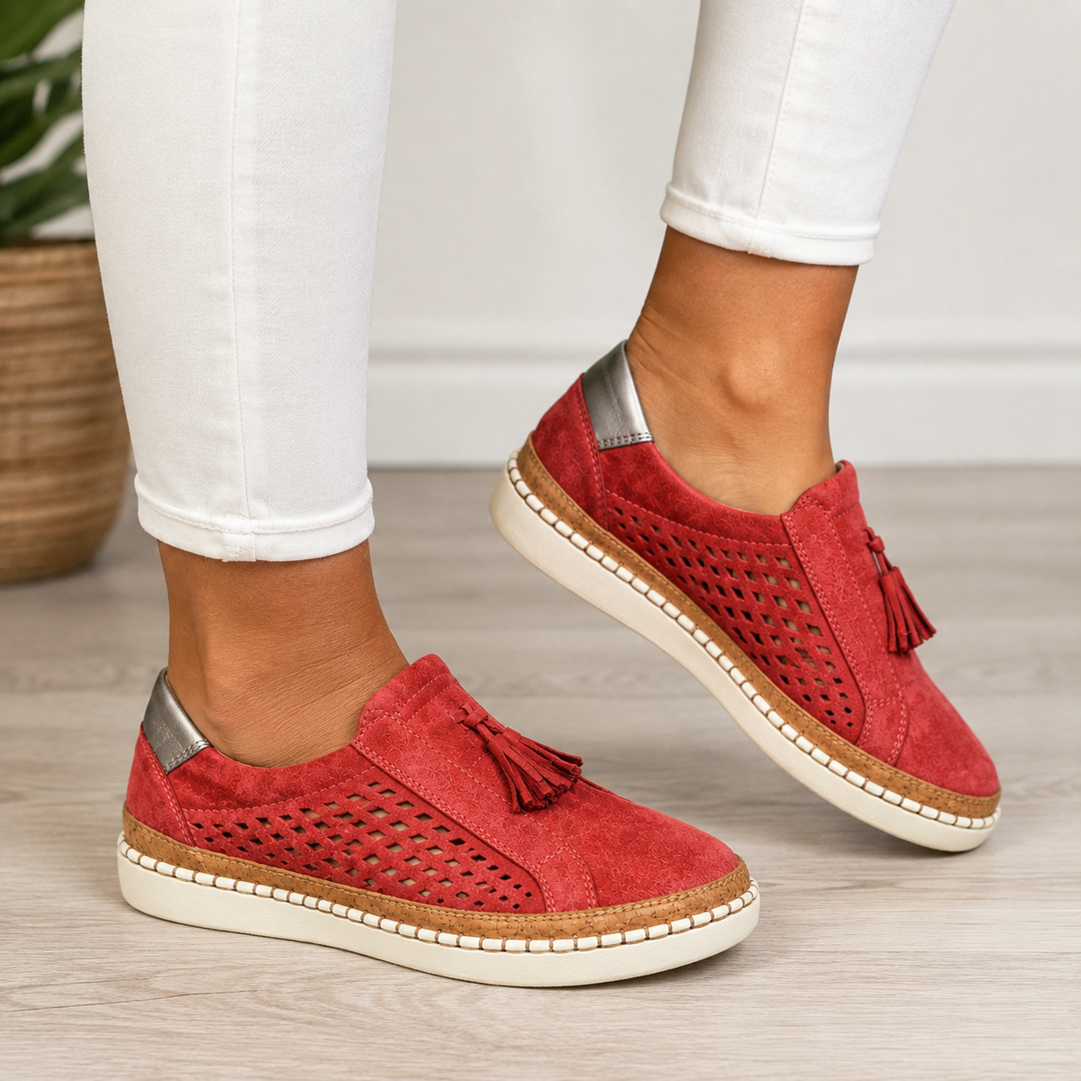 Juliette | Mocassins pour Femme Ajourés Pampilles Semelle Épaisse - Rouge