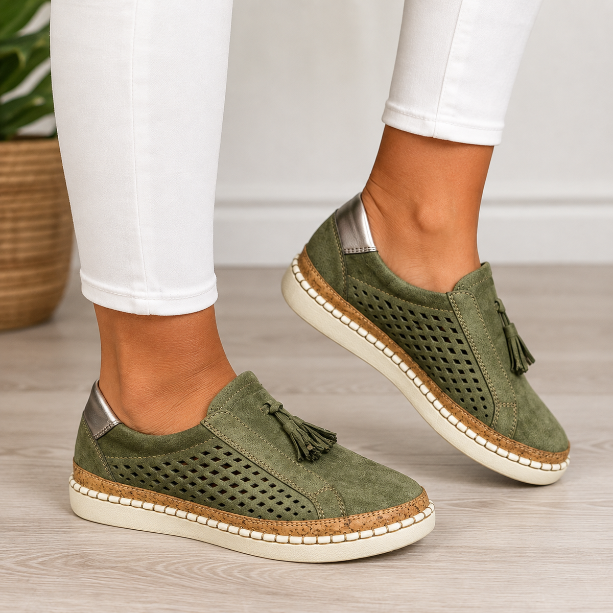 Juliette | Mocassins pour Femme Ajourés Pampilles Semelle Épaisse - Vert