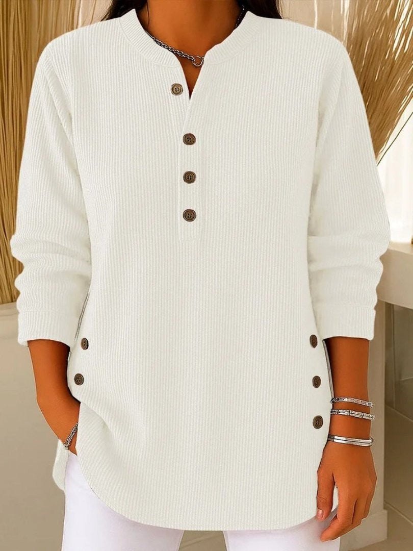 Juliette | Pour Femme Côtelé Encolure Fendue Manches Longues Boutons Top - Blanc