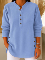 Juliette | Pour Femme Côtelé Encolure Fendue Manches Longues Boutons Top - Bleu