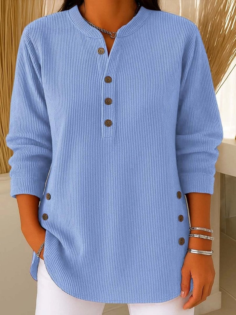 Juliette | Pour Femme Côtelé Encolure Fendue Manches Longues Boutons Top - Bleu