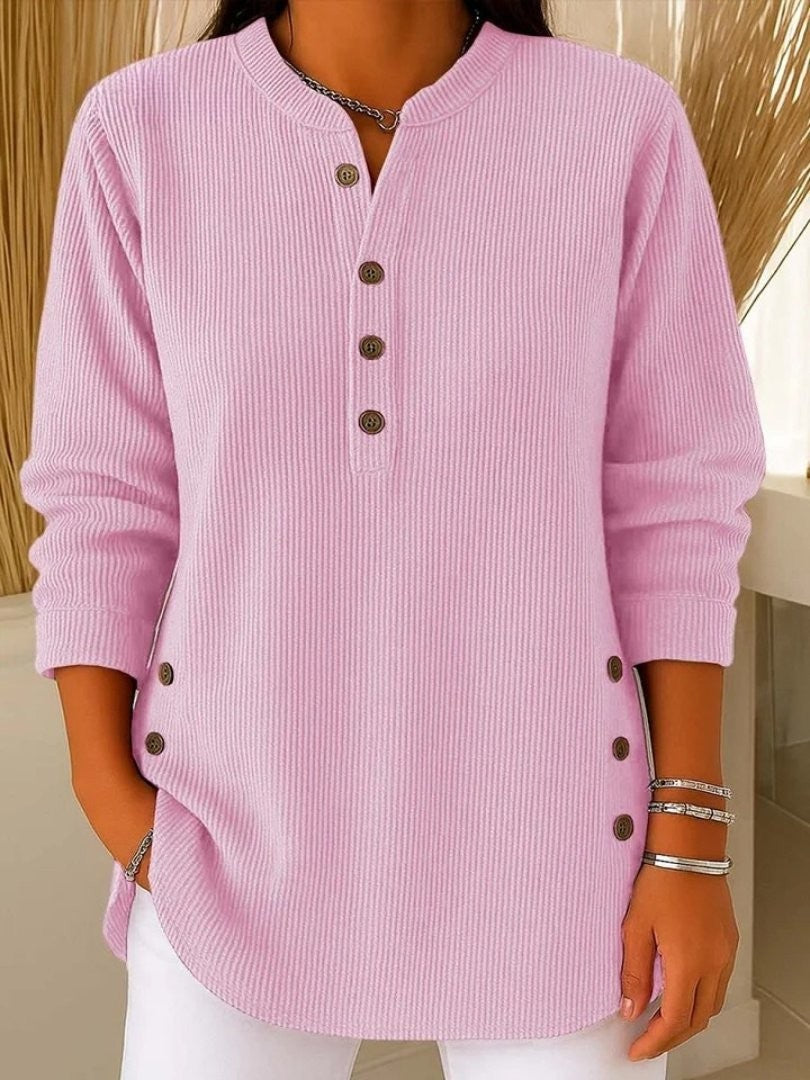 Juliette | Pour Femme Côtelé Encolure Fendue Manches Longues Boutons Top - Rose