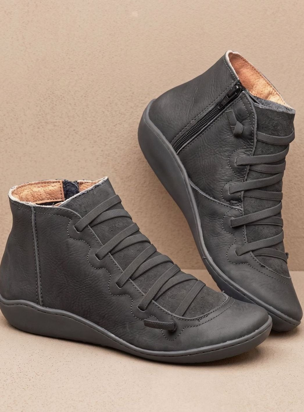Lea | Bottines Femme Lacées à Fermeture Éclair simili-cuir Doublure Chaude - Gris