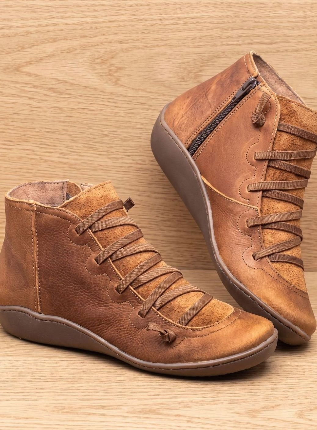 Lea | Bottines Femme Lacées à Fermeture Éclair simili-cuir Doublure Chaude - Marron