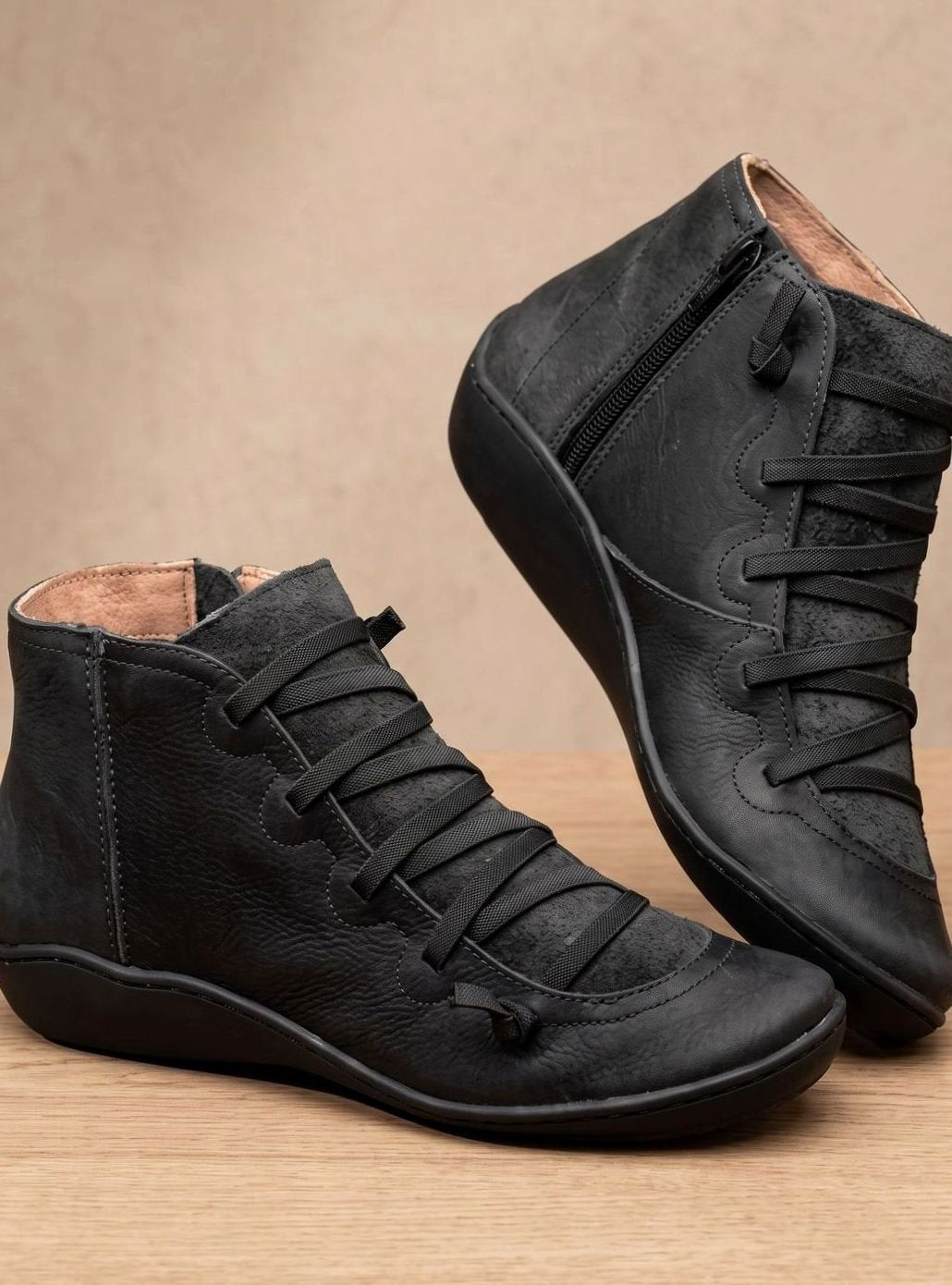 Lea | Bottines Femme Lacées à Fermeture Éclair simili-cuir Doublure Chaude - Noir