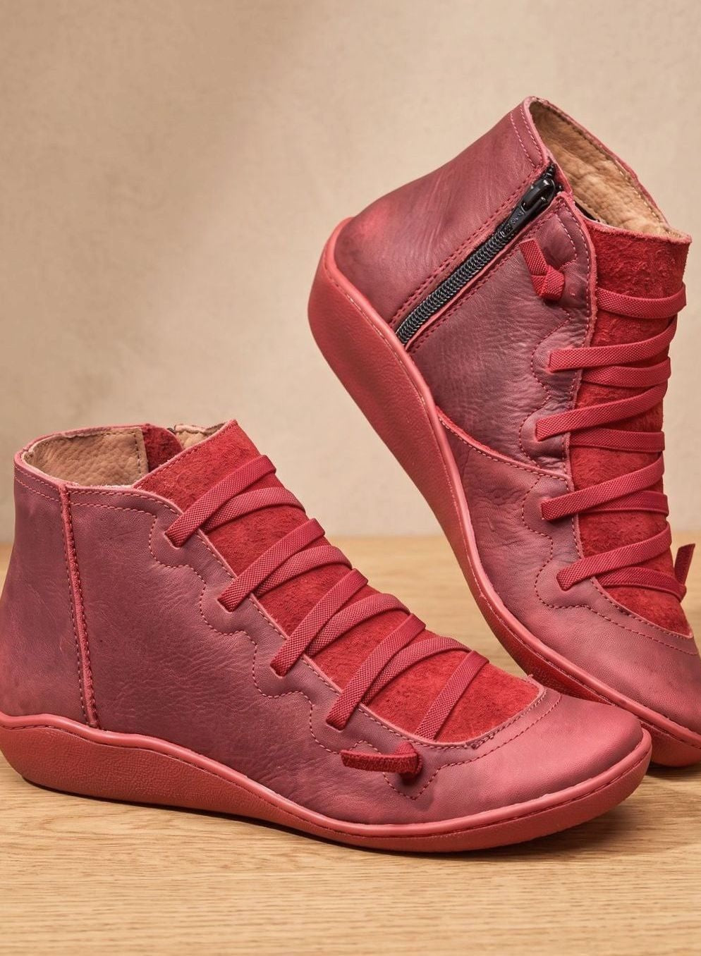 Lea | Bottines Femme Lacées à Fermeture Éclair simili-cuir Doublure Chaude - Rouge
