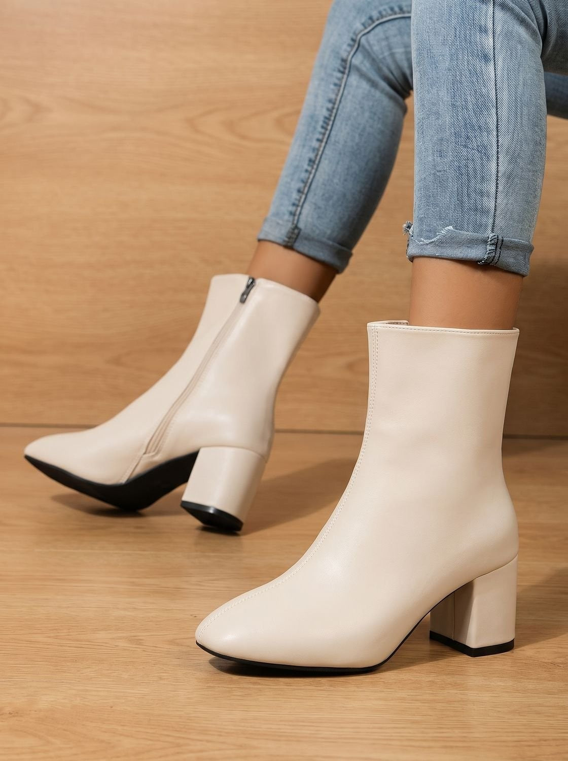 Lea | Bottines Femme simili-cuir Talon Large Bout Pointu Fermeture Latérale - Noir
