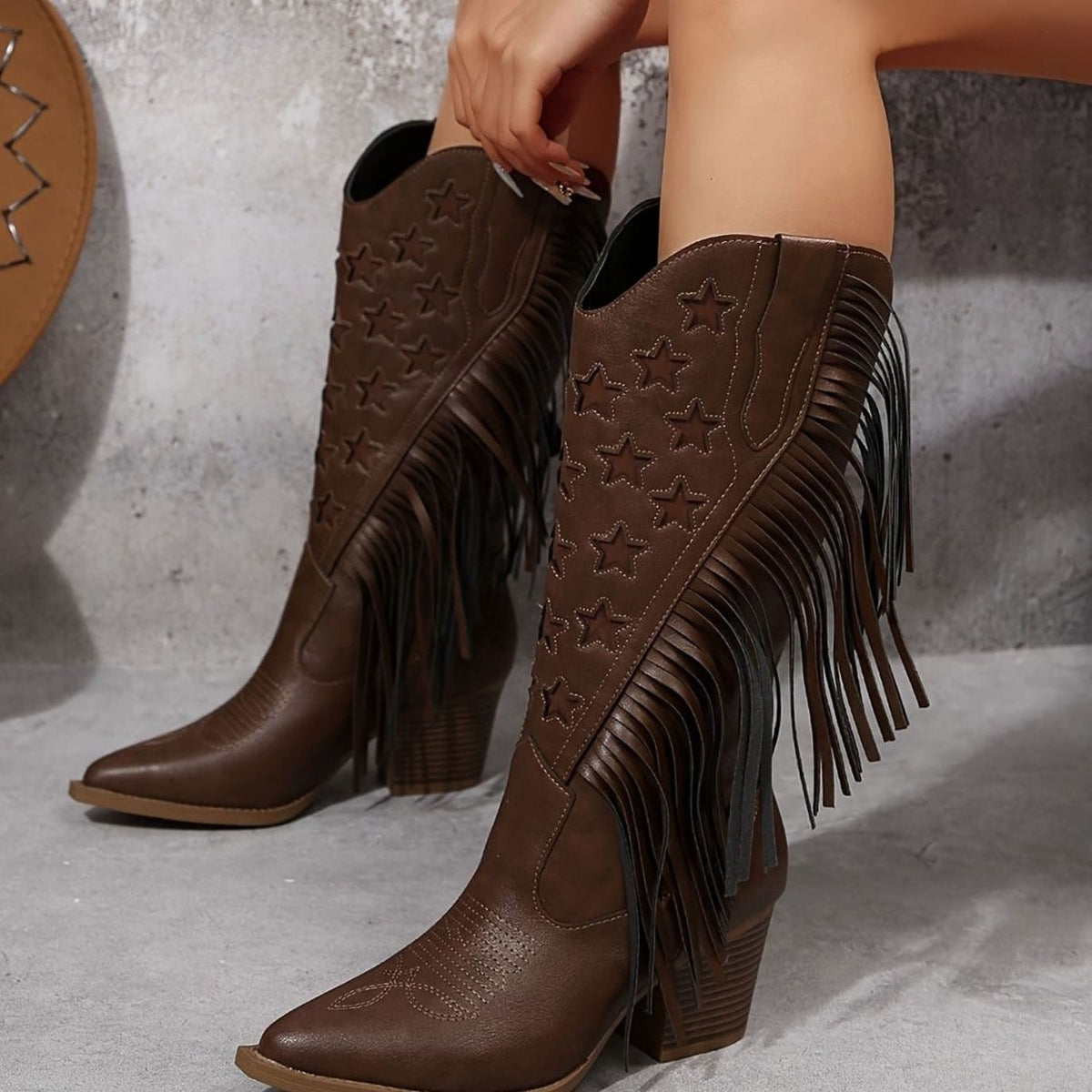 Lea | Bottines Femme Western Talon Bloc Ample Franges Broderie Étoiles - Beige