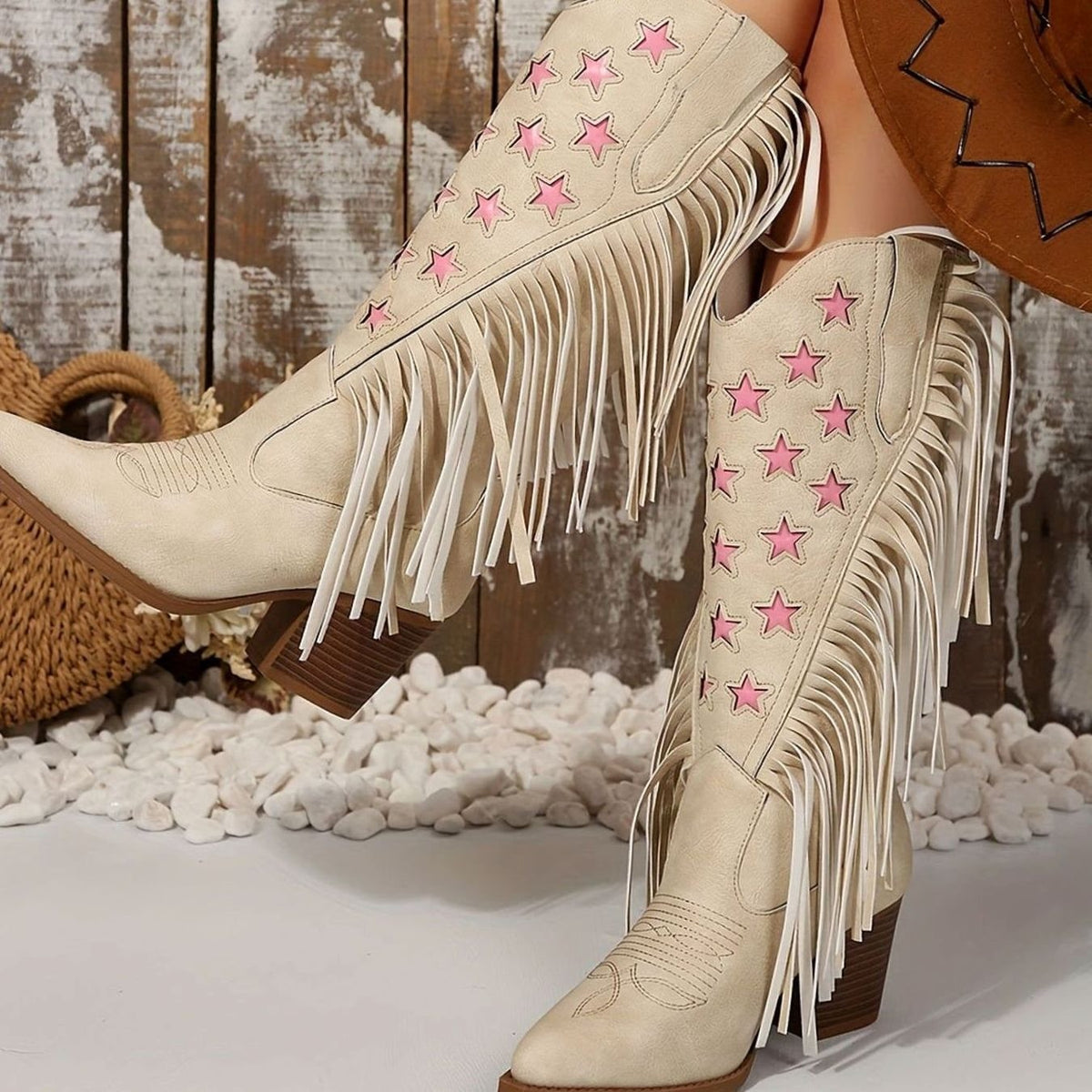 Lea | Bottines Femme Western Talon Bloc Ample Franges Broderie Étoiles - Beige