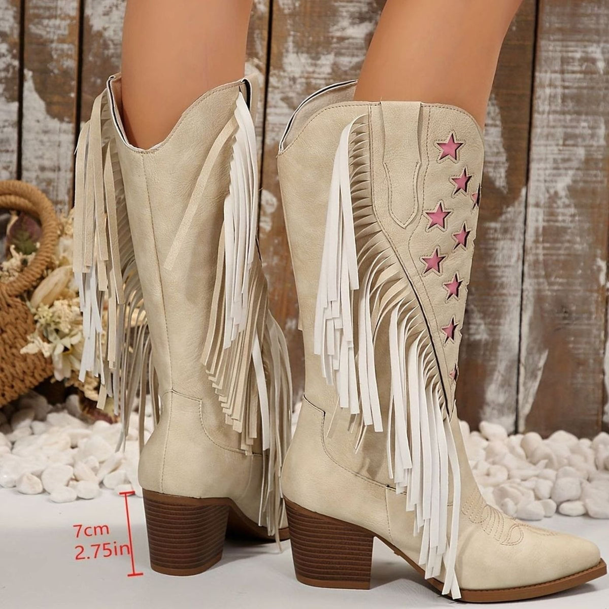 Lea | Bottines Femme Western Talon Bloc Ample Franges Broderie Étoiles - Beige