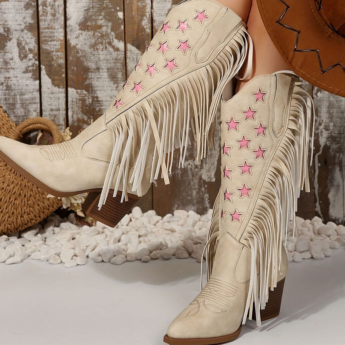 Lea | Bottines Femme Western Talon Bloc Ample Franges Broderie Étoiles - Beige