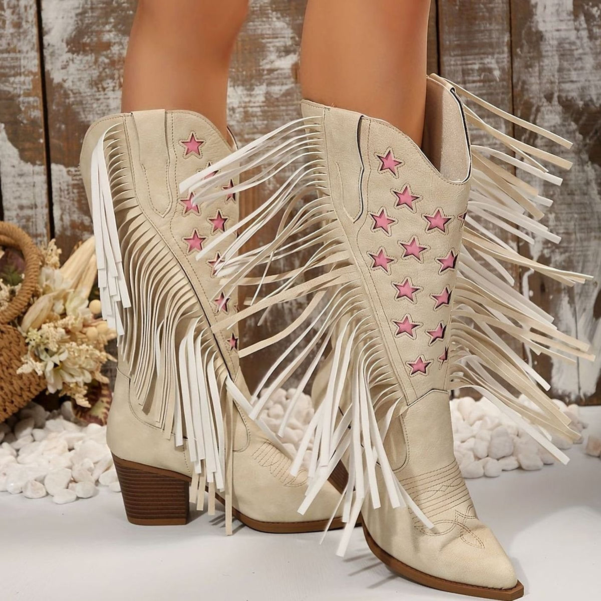 Lea | Bottines Femme Western Talon Bloc Ample Franges Broderie Étoiles - Beige