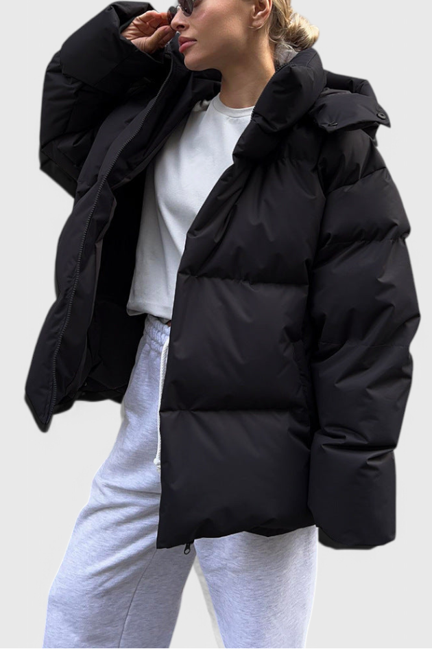 Lea | Dames Doudoune Courte Matelassée Encolure Montante Taille Ajustée - Noir