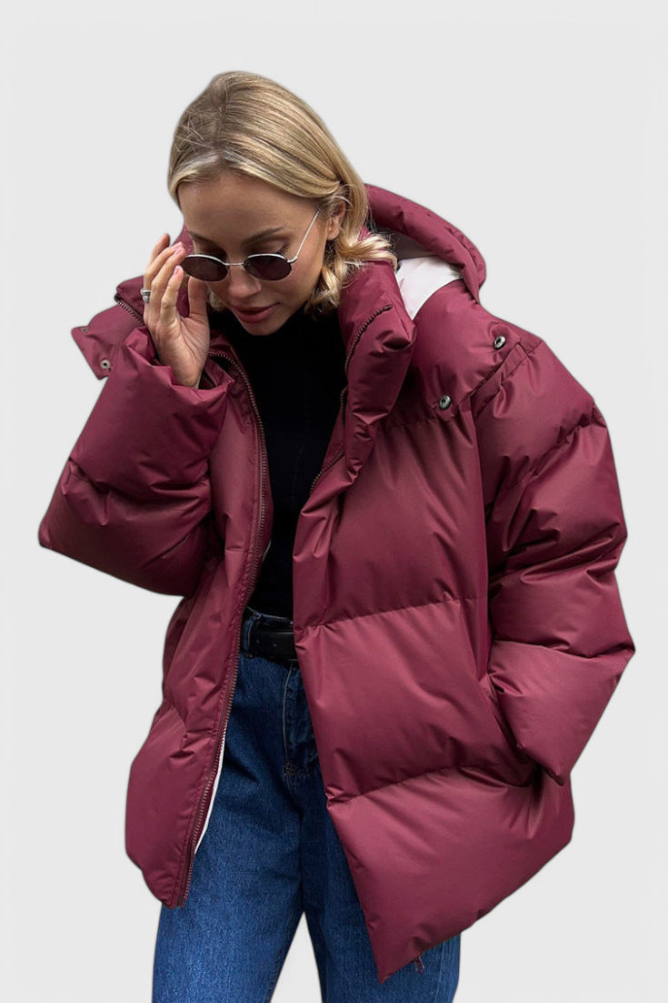 Lea | Dames Doudoune Courte Matelassée Encolure Montante Taille Ajustée - Rouge