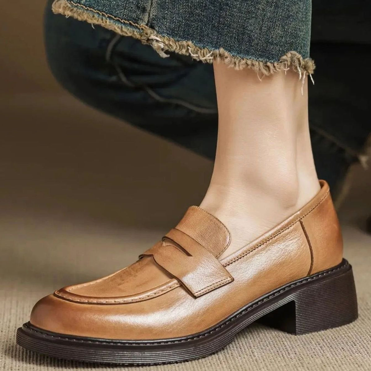 Lea | Mocassins pour Femme simili-cuir Bride Enfoncée Sans Lacets - Marron Clair